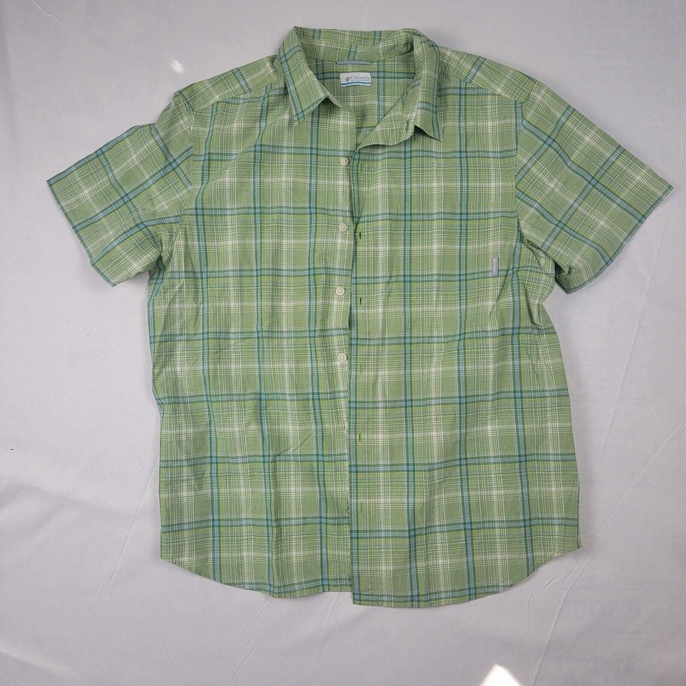 Columbia PFG Mens Med Green Tartan Omni Shade Short Sleeve Button Shirt